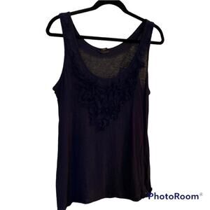 Club Monaco Women’s Sleeveless Lightweight Raw Edge Ruffled Front Tank Sz L Navy